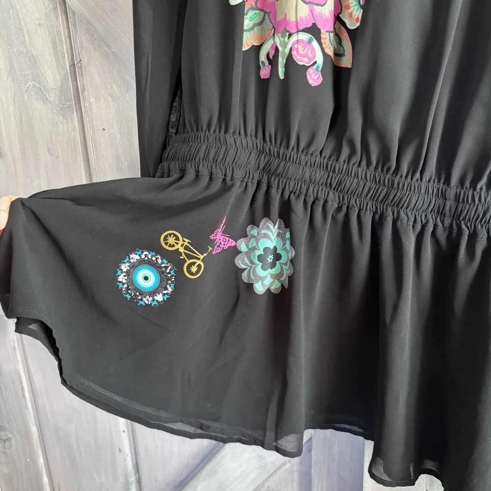 DESIGUAL Black Drop Waist‎ Flowy Dress Printed sleeves Size M - Picture 7 of 14